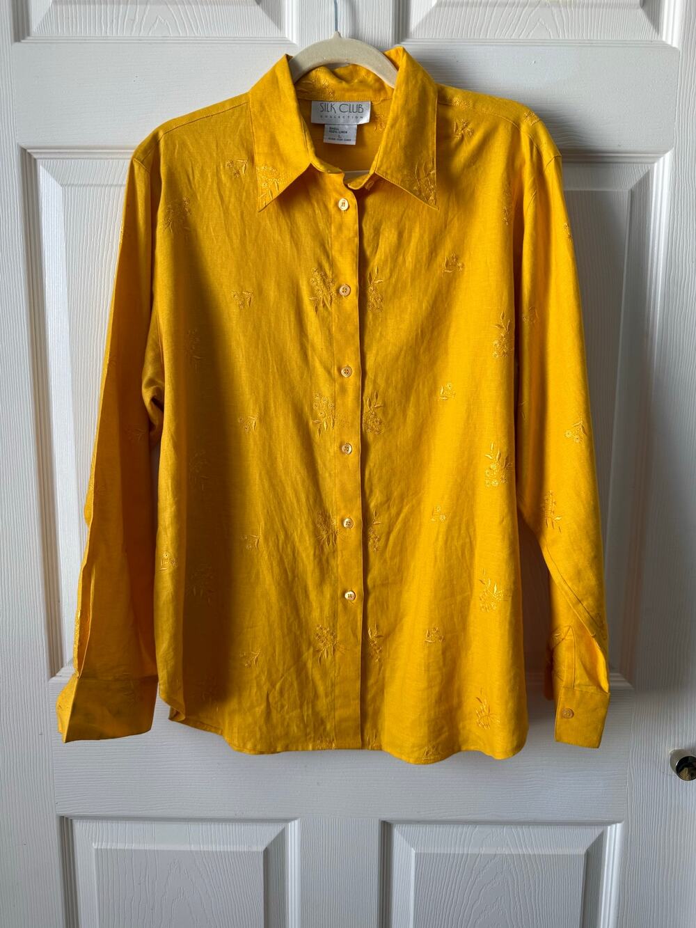 Silk Club Vintage Yellow Linen Embroidered Button Shirt Size L Cottagecore